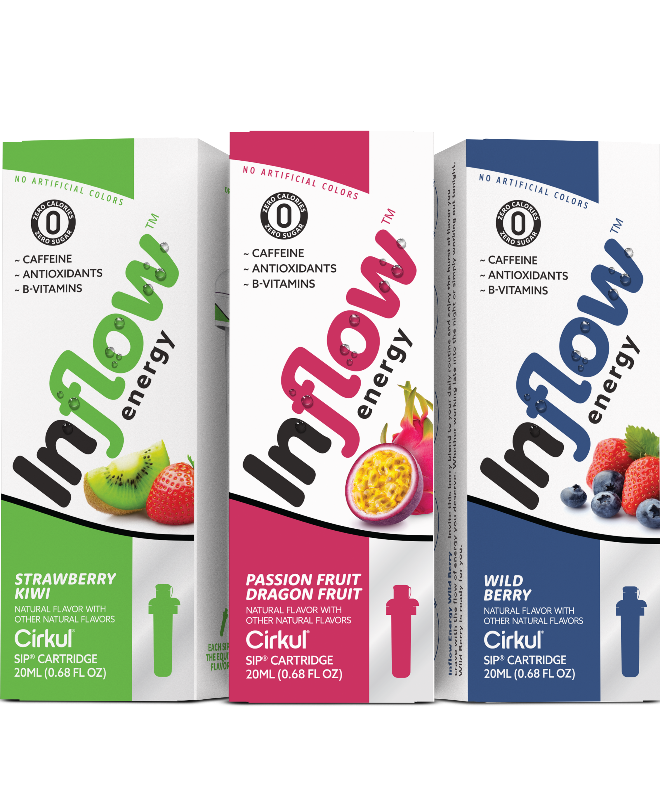 Inflow Strawberry Kiwi, Inflow Passion Fruit Dragon Fruit, and Inflow Wild Berry